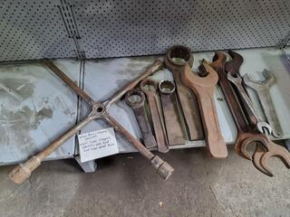 Assorted Large Flogging Spanners, Wheel Brace, & More