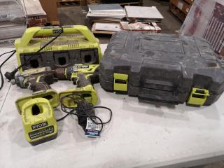 Assorted Ryobi Cordless Drill, Impact Driver, Battery Chargers, Case