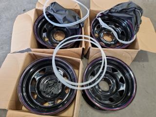 4x Classic Style 15" Black Steel Wheels w/ Orange/Blue Trim, New