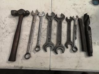 Assorted Workshop Hand Tools, Spanners, Hammer, Drill Bit, Chisel