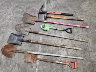 Assorted Shovels, Sledge Hammer, Pick Axe