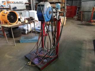 Industrial Pneumatic Oil Drum Pump & Hose Reel System w/ Rack