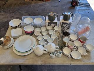 Assorted Ceramic, Glass, Metal Cafe Cups, Plates, Teapots, & More