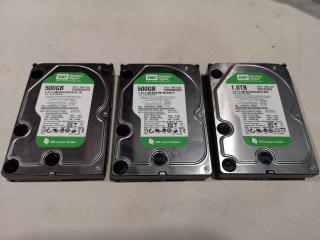 3x Western Digital WD Caviar Green 3.5" Hard Drives, 2x 500Gb & 1x 1Tb