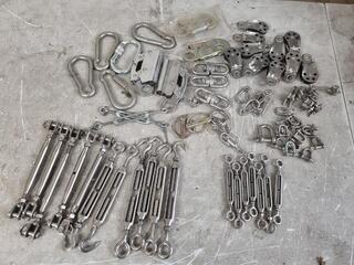 Assorted Stainless Turnbuckles, D-Shackles, Pulleys, & More