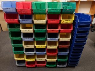 53x Assorted Plastic Stackable Parts Bins