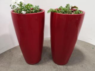 2x Stylish Tall Red Flower Pots w/ Live Plants