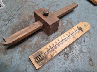 Antique Carpenters Wood Scribe Marking Tool + Functioning Thermometer