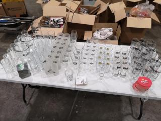 122x Assorted Brand Labeled Glass Cup, Mugs, Pitchers, + Coasters