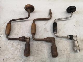 3x Antique Vintage Bit Brace Hand Drills