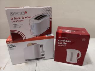 2x 2-Slice Toasters + 1x Cordless Water Kettle, New