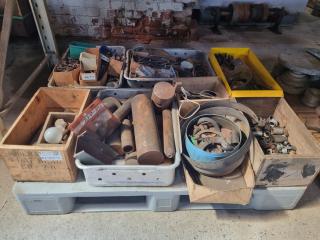 Pallet of Assorted Steel Material, pipe fittings, Bolts, Screws, some Vintage