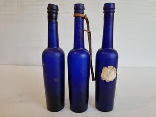 3x Antique Cobalt Blue Castor Oil Bottles