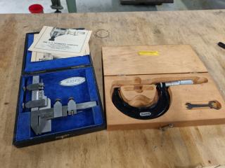 Vintage Starrett 50-75mm Outside Micrometer + Gear Tooth Vernier Calipers
