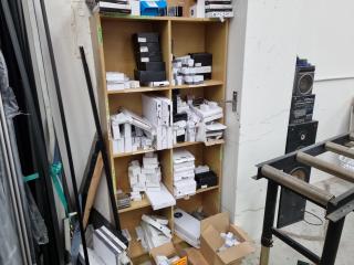 Shelf of Assorted Glass Panel Fittings, Hinges, Handles, & More