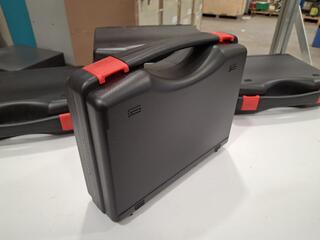 5 Black plastic carry cases with red latches