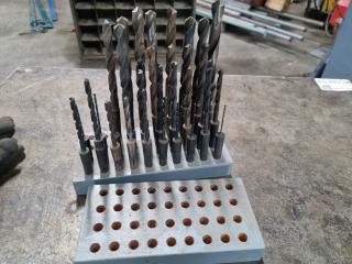 35x Drills w/ Morse Taper No.1 Shanks + 2x Wood Stands