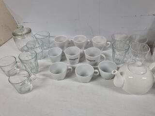 Assorted Glass & Ceramic Cups, Glasses, Tea Kettle