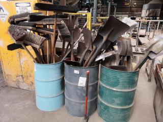 Large Lot of Assorted Workshop Brooms, Shovels, Rakes