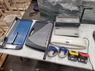 Assorted Office Tools, Cutters, Punches, Laminator, Binder