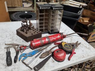 Assorted Handtools, Parts Bins, & More