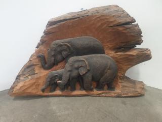 Hardwood Carved Elephants Scene