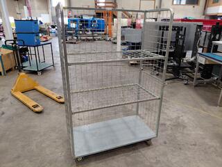 Metal mesh shelving trolley on castors