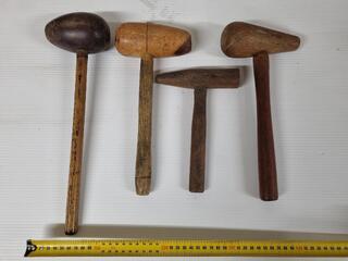 4x Vintage or Antique all Wooden Hammers / Mallets
