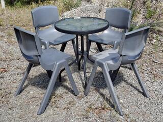Round Glass Outdoor Table and Four Plastic Chairs