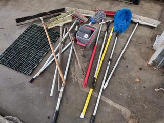 Assorted Brooms, Mop, Cleaning Brushes, Mat