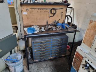 Workbench Table w/ Vintage Wooden Drawer Cabinet