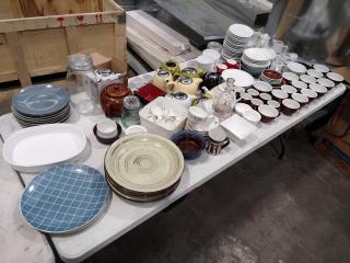 Assorted Restaurant Accessories, Tea Cups, Plates, Teapots, & More