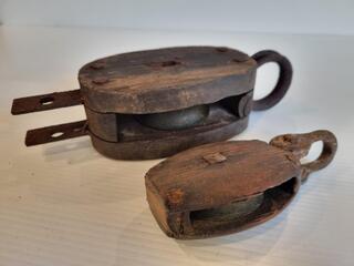 2x Antique Wooden Block & Tackle Pulleys