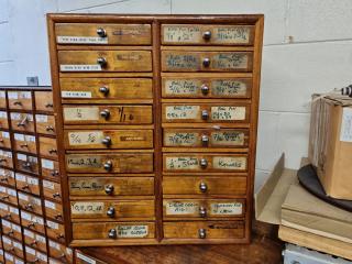 Vintage Wooden Parts Storage Drawer Cabinet w/ Contents