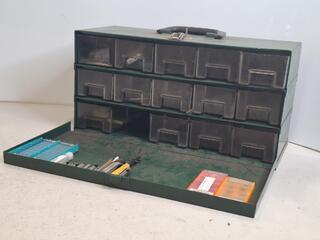 Metal drawer tool box with drill bits and inserts