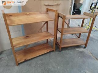 2x Custom Built Wood Shelf Trolley & Stationary Shelf Unit