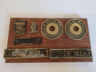 Assorted Antique Brass Steamship Signs w/ Display Board
