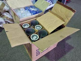 Bulk Boxes of Labeled Ceramic Mugs & Reusable Plastic Cups, New