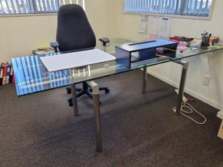 Stylish Modetn Glass Office Desk w/ Chair & Desk Contents