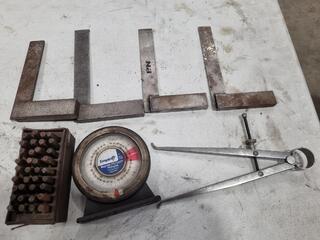 Assorted Engineers Squares, Pitch Sngke Gauge, Caliper, Stamps