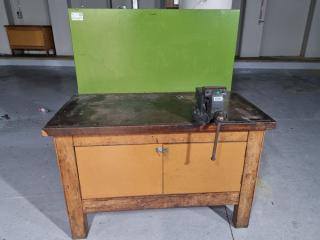 Vintage Wooden Workbench w/ Steel Top & Record Vice