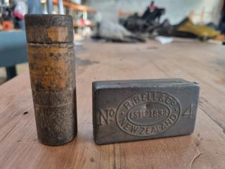 R. Bell & Co. New Zealand No.4 Match Stick Tin + Wooden Die Tap Bottle