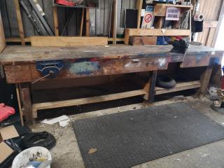 Large Heavy Duty Wooden Workbench w/ Attached Vices