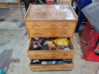 Wooden Cabinet and Contents of Car Parts 